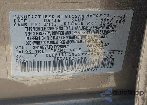 2015 Nissan Sentra Sv z USA, uszkodzony, nr VIN 3N1AB7APXFY288971